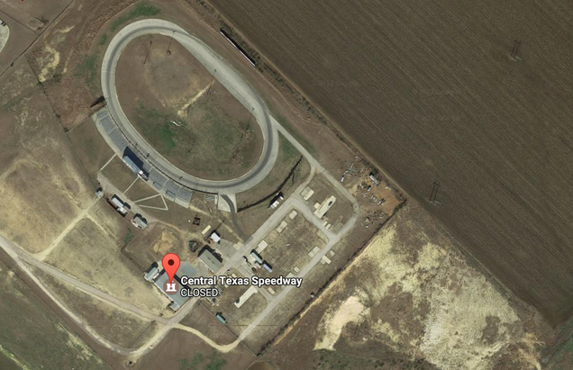 A satellite image of Central Texas Speedway, which likely won’t be there next time there’s an update to the image database. Image via Google Maps